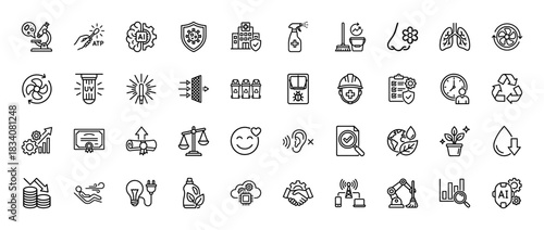 Sanitation and facility management line icon set. Vector pictograms of microscope, disinfection, air filter, recycle, helmet and eco energy, thin linear illustration