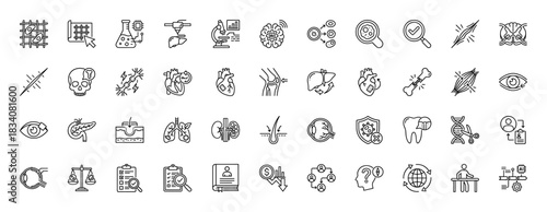 Medical technology and anatomy line icon set. Vector pictograms of DNA, organ, microscope, brain, heart, liver, bone, eye, lung, kidney, cell, thin linear illustration.