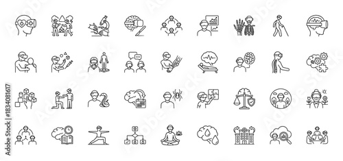 Virtual reality in neuroscience and medical applications line icon set. Vector pictograms of headset use in education, therapy, and research, thin linear illustration.