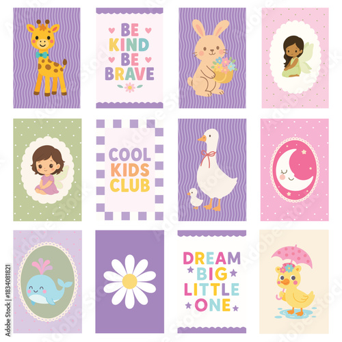 Set of Home Decoration Print, Modern Nursery Wall Art, Kids Room Decor Printable, Pastel Baby Girl illustration, Playroom Poster ClipArt