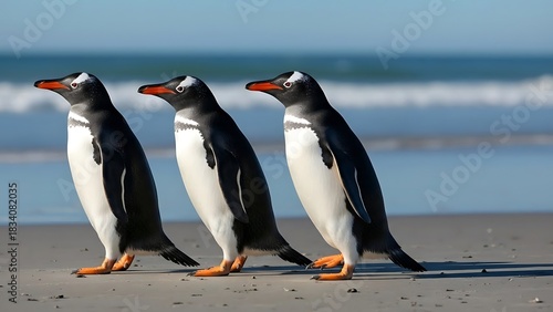 Gentoo penguins walking on sandy beach in the falkland islands