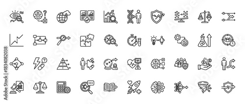 Business and science outline icon set. Vector pictograms of research, analytics, innovation, and health, thin linear illustration.