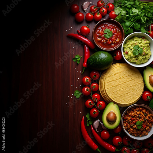 Assortment of fresh mexican food ingredients like avocado, salsa, tomato, chili, and tortilla on dark wood background