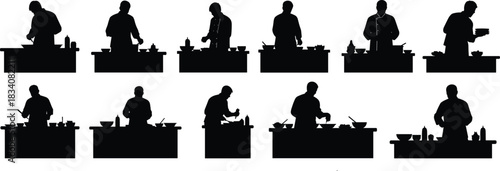 Silhouette chefs cooking at kitchen counters preparing food mixing ingredients and performing various culinary tasks in professional restaurant scene