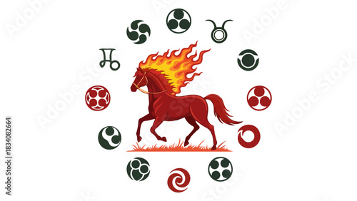 Fiery Horse Emblem with Zodiac Symbols Mythical Creature Illustration