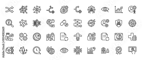Science and technology line icon set. Vector pictograms of research, genetics, biology, brain, and data analysis, thin linear illustration.