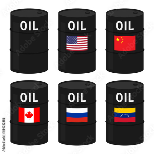 Oil barrels with country flags vector illustration. Energy and geopolitics concept. Barrel icons for use in infographics about oil markets, international relations, and energy policy