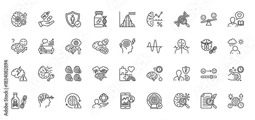 Mental health and psychology line icon set. Vector pictograms of brain, therapy, pills, dna, emotions, counseling, stress and neurology, thin linear illustration.