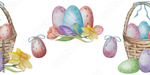 Easter flower festive traditional decor element set. Watercolor illustration. Colorful eggs, knots, spring garden flowersand basket. Easter decoration set for bouquets, wreaths, postcards, greetings.