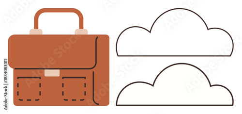 Brown leather briefcase with two front pockets next to two minimalist cloud shapes. Ideal for business, mobility, travel, storage, organization, modern productivity, work-life balance. Simple flat