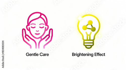 Facial care and light bulb molecular elements represent the concept of gentle care and brightening effects, suitable for promotional materials of sensitive skin or brightening skincare products.
