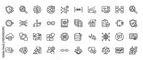 Business process and technology line icon set. Vector pictograms of database, strategy, analysis, algorithm, brain, robot, cloud and security, thin linear illustration.