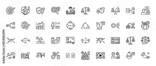 Business and data analysis line icon set. Vector pictograms of decision-making, finance, strategy, and risk management, thin linear illustration.