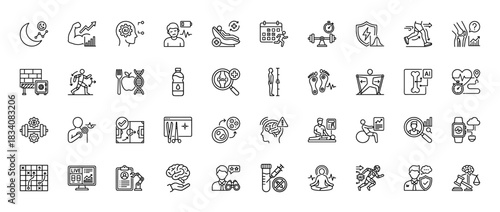 Health and wellness line icon set. Vector pictograms of fitness, medical, lifestyle, and biomechanics, thin linear illustration.