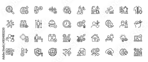 Health, safety, and occupational line icon set. Vector pictograms of risk, brain, shield, factory, and worker, thin linear illustration.
