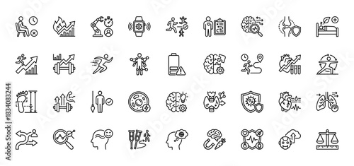 Health and wellness line icon set. Vector pictograms of fitness tracking, brain activity, heart rate, and body recovery, thin linear illustration.