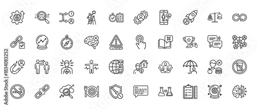 Business and mental health line icon set. Vector pictograms of decision, analytics, growth, brain, and risk, thin linear illustration.