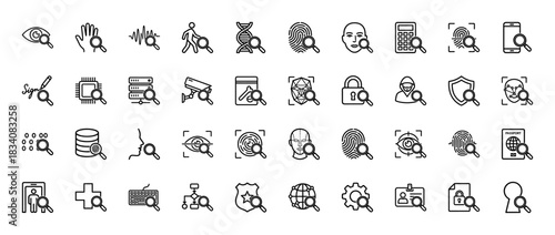 Biometric security and forensic investigation line icon set. Vector pictograms of fingerprint, dna, face id, and security measures, thin linear illustration.
