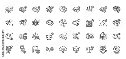 Neuroscience and artificial intelligence line icon set. vector pictograms of brain activity, machine learning, and neuron research, thin linear illustration.