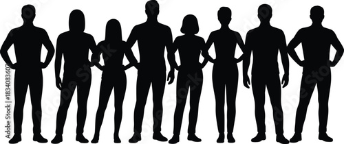 Black silhouettes of eight diverse men and women standing in a row, posing confidently, representing teamwork, unity, leadership, and community.