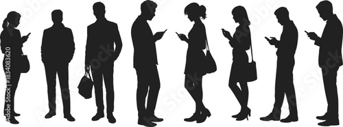 Black silhouettes of diverse people standing in a line, using smartphones while waiting in a queue, isolated on white background.