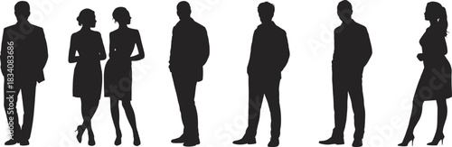 Black silhouettes of seven business people standing together, men and women in suits and dresses, isolated on white background.