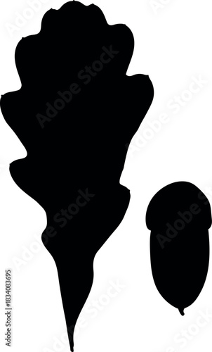 Black silhouette of parts of oak or Quercus robur plant: acorn and leaf isolated on white background
