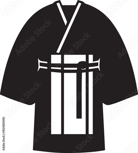 Minimal silhouette style vector kimono logo design featuring clean black shapes, elegant traditional Japanese clothing form, simple line art, modern branding icon ideal for fashion brands, cultural th
