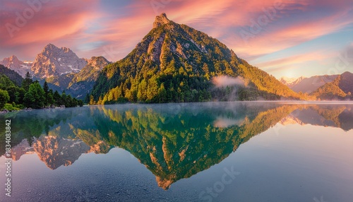 Sunset at a calm mountain lake with mirror-like reflection