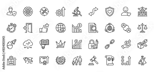 Business and technology line icon set. Vector pictograms of growth, finance, strategy, security, and innovation, thin linear illustration.