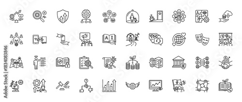 Business, finance, and technology line icon set. Vector pictograms of growth, innovation, disability, science, and education, thin linear illustration.
