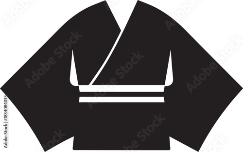 Minimal silhouette style vector kimono logo design featuring clean black shapes, elegant traditional Japanese clothing form, simple line art, modern branding icon ideal for fashion brands, cultural th