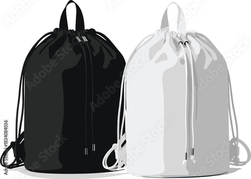 Black and white drawstring bag mockup, gym sack backpack template, canvas pouch with shoulder strings, fabric sport sack, minimalist tote bundle, reusable eco bag vector concept