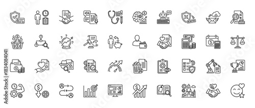 Business and finance line icon set. Vector pictograms of contracts, data analysis, security, and human resources, thin linear illustration.