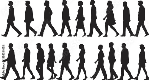 Casual People Walking with Backpacks Silhouette Vector Collection, Side View Young Adults and Students in Motion, Figures for Urban and Commuter Scene Illustration.