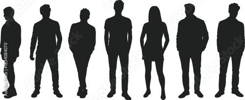 Casual Standing People Silhouettes Diverse Group Men and Women Full Body Poses Relaxed Fashion Urban Crowd Isolated on White Vector