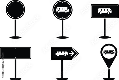 Bus road sign and direction board icon set, blank street signage silhouette, wayfinding panel, bus stop symbol, arrow sign, map location pin, black and white minimalist vector pack for transport