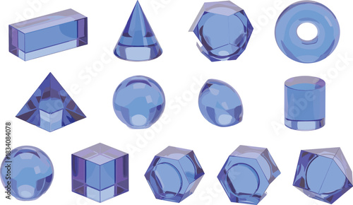 Blue gemstone geometric shapes set, sapphire crystal 3D render, faceted gems collection, luxury jewel symbols, transparent glass style, modern vector illustration pack for design assets.