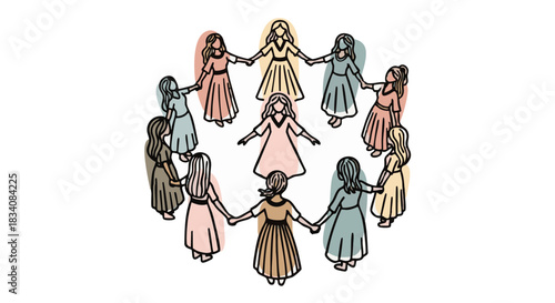 Boho style women circle vector illustration. Diverse female sisterhood support group holding hands in pastel folk dresses for empowerment and healing concept.