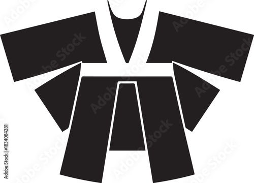 Minimal silhouette style vector kimono logo design featuring clean black shapes, elegant traditional Japanese clothing form, simple line art, modern branding icon ideal for fashion brands, cultural th
