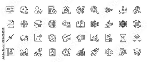 Science and data technology line icon set. vector pictograms of brain, microscope, charts, dna, and finance, thin linear illustration.