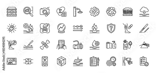 Medical and scientific line icon set. Vector pictograms of analysis, surgery, anatomy, and experimental procedures, thin linear illustration.