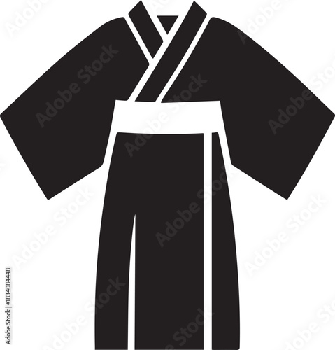 Minimal silhouette style vector kimono logo design featuring clean black shapes, elegant traditional Japanese clothing form, simple line art, modern branding icon ideal for fashion brands, cultural th