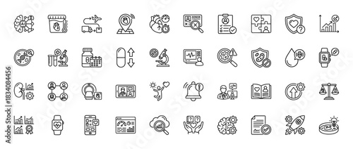 Medical and healthcare line icon set. Vector pictograms of research, diagnostics, human organs, and data analysis, thin linear illustration.