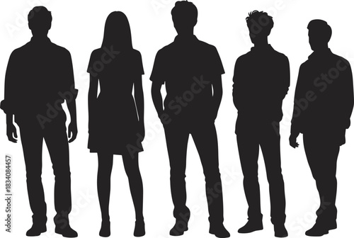 Full-length silhouette of five confident, diverse young adults standing together, representing teamwork, unity, a friend group, modern generation identity, and collaborative success in business .