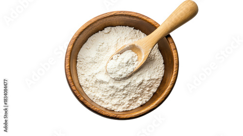 White powder in wooden bowl with spoon isolated on a transparent background