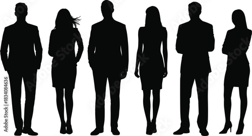 Group of six business people silhouettes, professional men and women standing together, isolated vector illustration on white background, corporate team.
