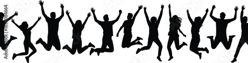 Happy group of jumping people silhouettes, energetic men and women celebrating in air, black vector figures isolated on white background.