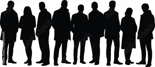 Large group of nine people silhouettes, men and women standing in coats, black vector illustration isolated on white background.