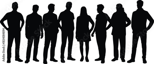 Large group of eight people silhouettes, casual men and women standing together, isolated vector illustration on white background, friends team.
